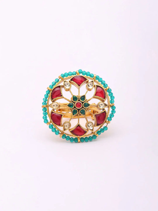 Floral Polki and Pearl Cluster Adjustable Brass Ring