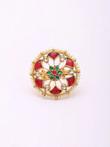 Floral Polki and Pearl Cluster Adjustable Brass Ring