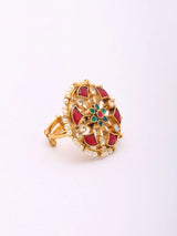 Floral Polki and Pearl Cluster Adjustable Brass Ring