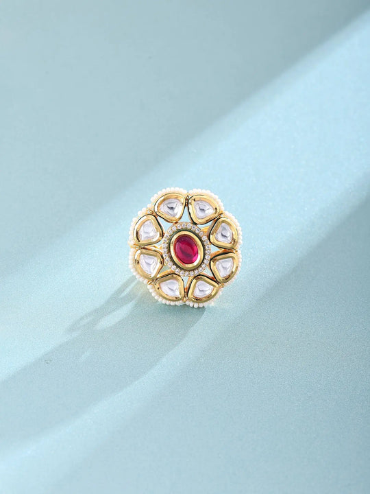 Floral Polki and Pearl Brass Adjustable Ring in Pink