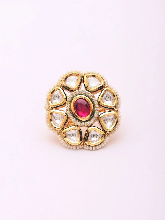 Floral Polki and Pearl Brass Adjustable Ring in Pink