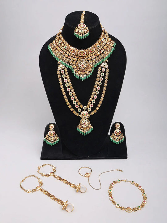Emerald Green Kundan Multi Strand Bridal Necklace Set