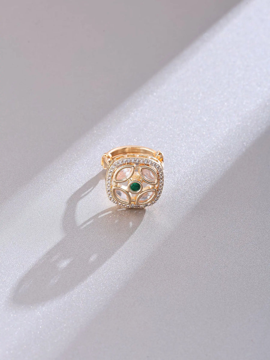Square Polki Ring with Green and Pink Centre Stone