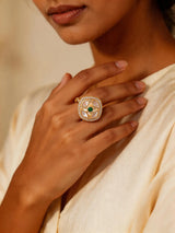 Square Polki Ring with Green and Pink Centre Stone