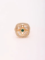 Square Polki Ring with Green and Pink Centre Stone