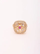 Square Polki Ring with Green and Pink Centre Stone