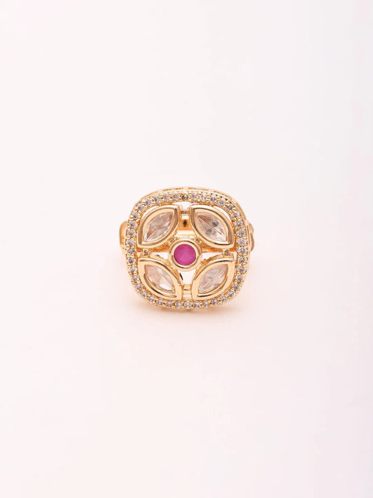 Square Polki Ring with Green and Pink Centre Stone