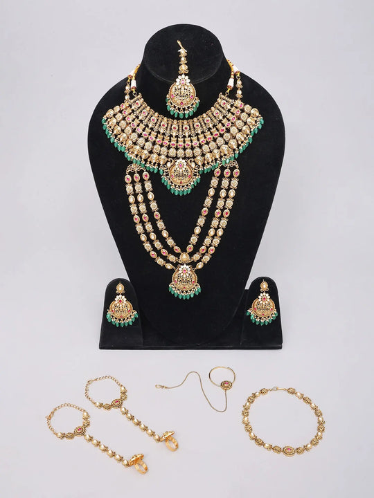 Polki and Green Bead Rajwadi Bridal Jewellery Set