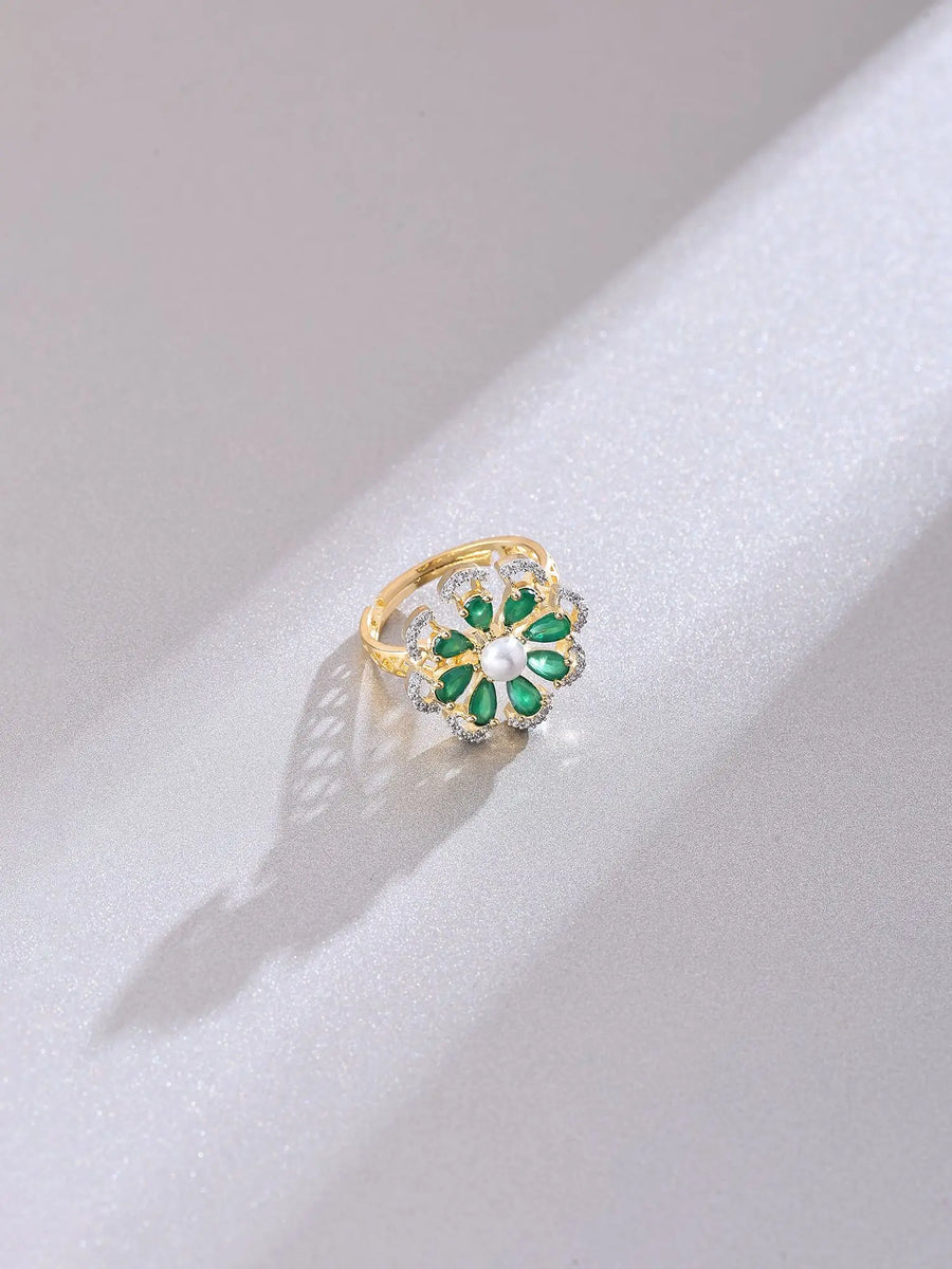 Green Floral Stone Studded Brass Adjustable Ring