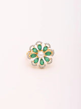 Green Floral Stone Studded Brass Adjustable Ring