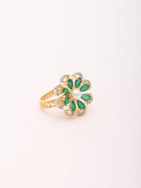 Green Floral Stone Studded Brass Adjustable Ring