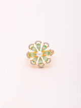 Green Floral Stone Studded Brass Adjustable Ring