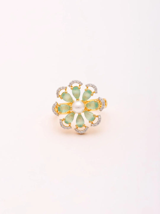 Green Floral Stone Studded Brass Adjustable Ring