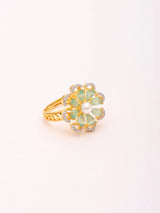Green Floral Stone Studded Brass Adjustable Ring
