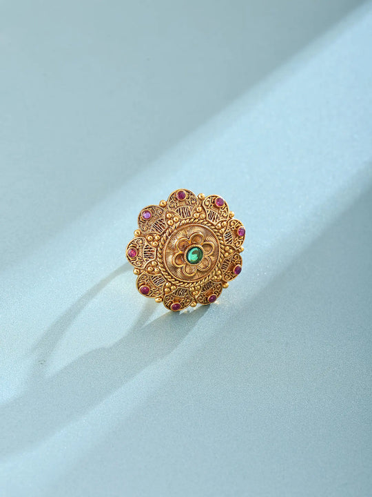 Floral Mandala Kundan Brass Adjustable Ring