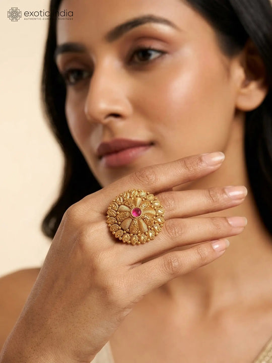 Mandala Motif Pink Stone Adjustable Brass Ring