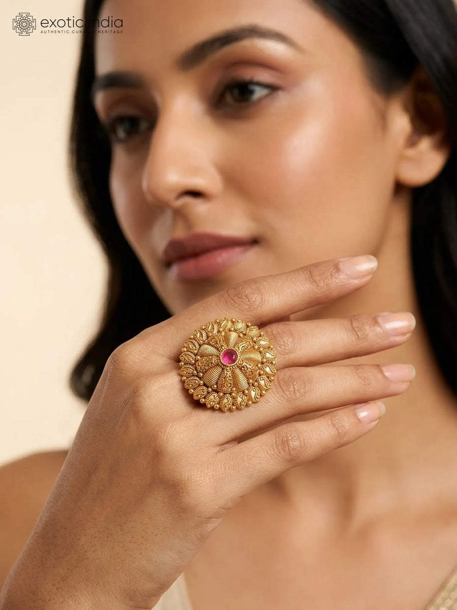 Mandala Motif Pink Stone Adjustable Brass Ring