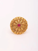 Mandala Motif Pink Stone Adjustable Brass Ring