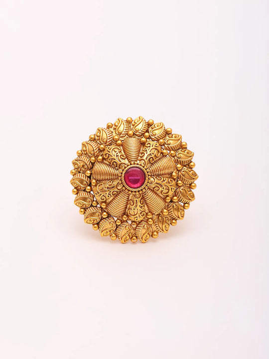 Mandala Motif Pink Stone Adjustable Brass Ring