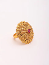 Mandala Motif Pink Stone Adjustable Brass Ring