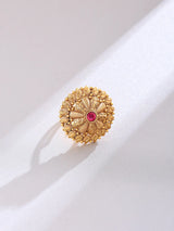 Mandala Motif Pink Stone Adjustable Brass Ring