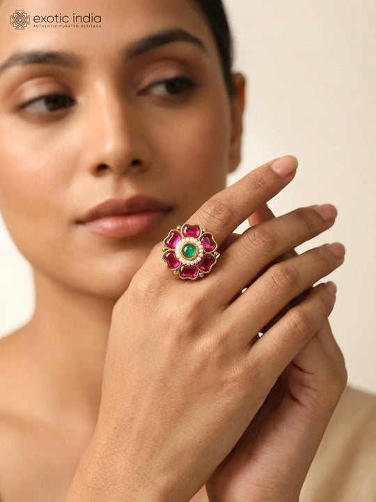 Floral Pink Kundan Adjustable Brass Ring