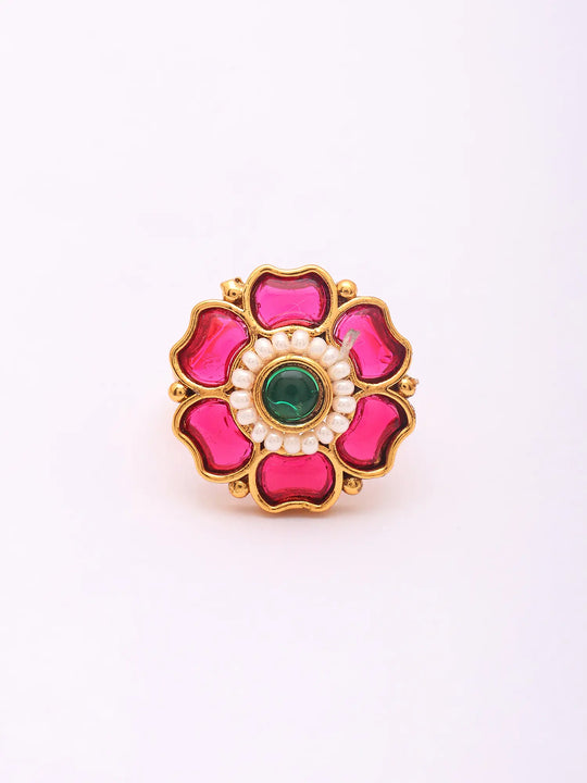 Floral Pink Kundan Adjustable Brass Ring
