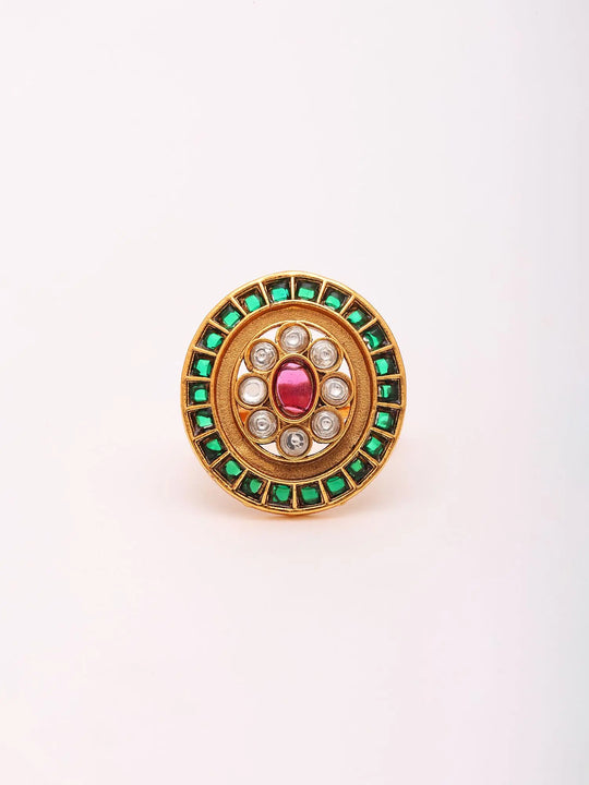 Floral Polki Stone Studded Adjustable Brass Ring