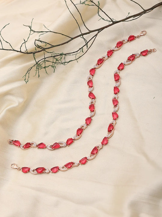 Peacock Rose Pink Stone Studded Sterling Silver Anklet Pair