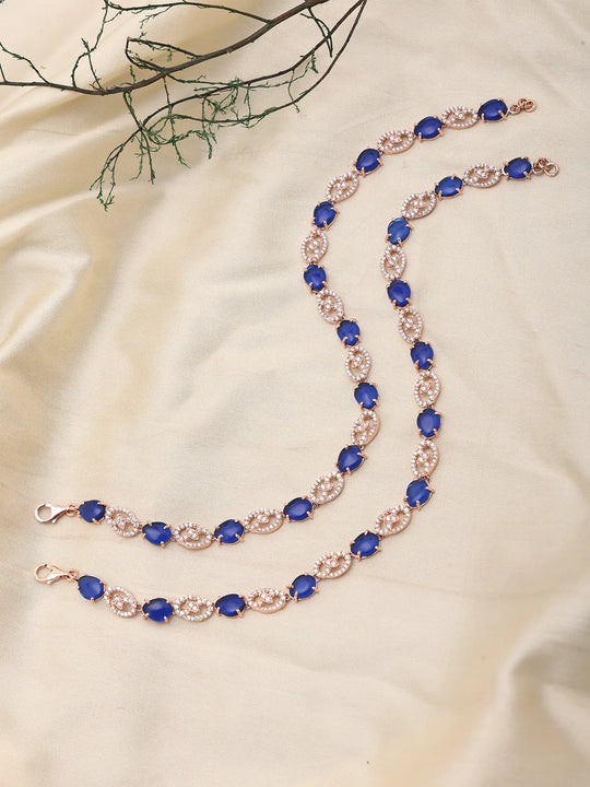 Blue Topaz Sterling Silver Anklet with Rose Gold Finish (Pair)