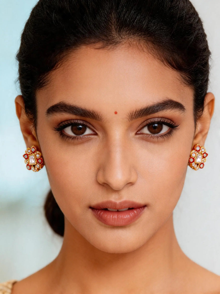Kundan Stone Studded Gold Tone Sterling Silver Stud Earrings