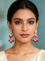 Kundan Style Red Stone Drop Sterling Silver Earrings