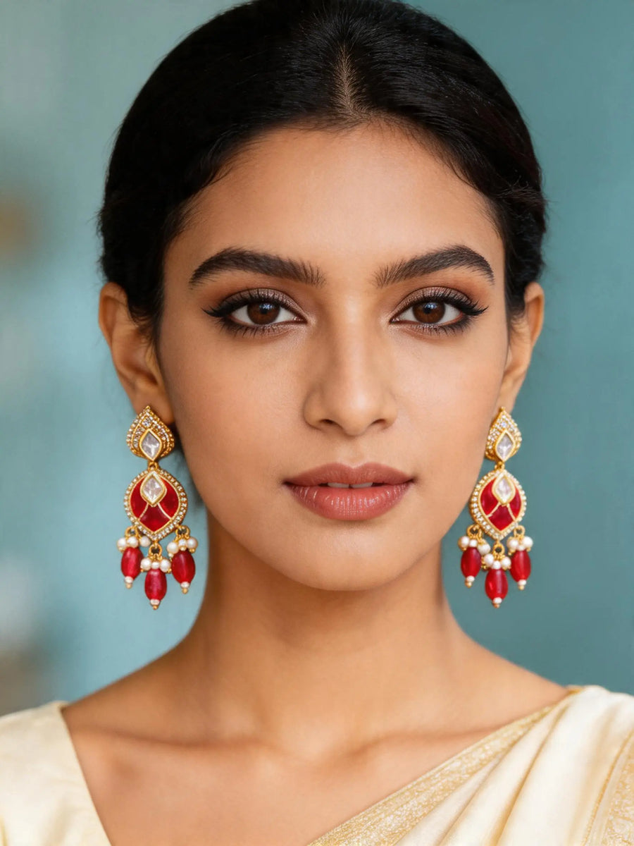 Kundan Style Red Stone Drop Sterling Silver Earrings