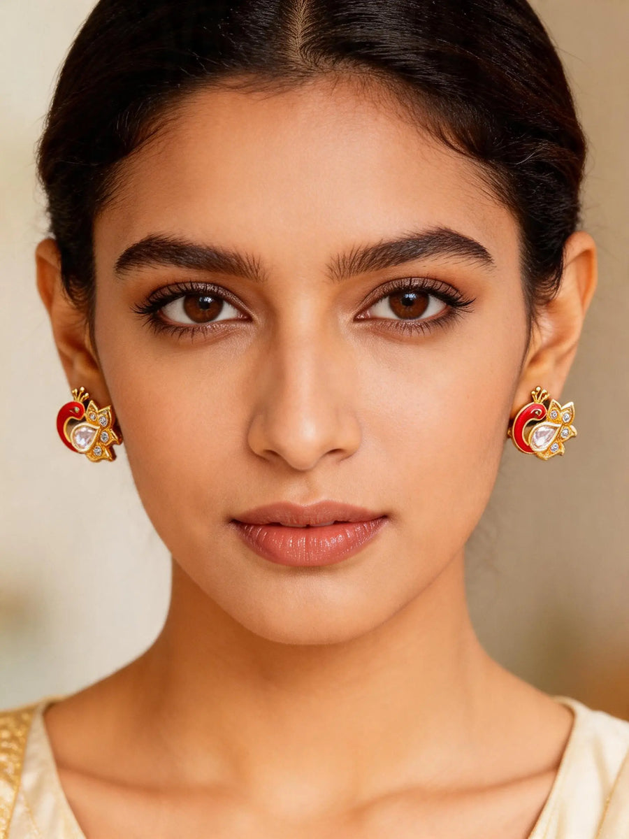 Red Peacock Sterling Silver Gold Tone Stud Earrings