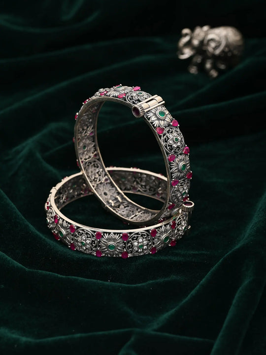 Floral Engraved Sterling Silver Adjustable Bangles (Pair)