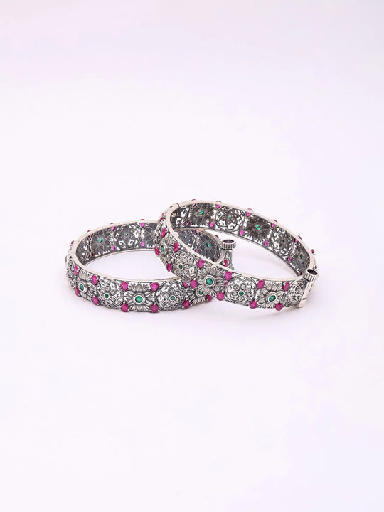 Floral Engraved Sterling Silver Adjustable Bangles (Pair)