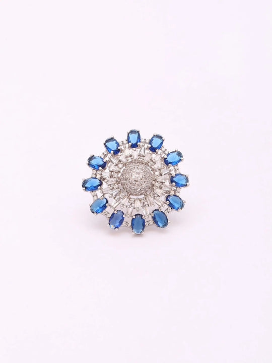 Zircon Studded Floral Sunburst Sterling Silver Ring