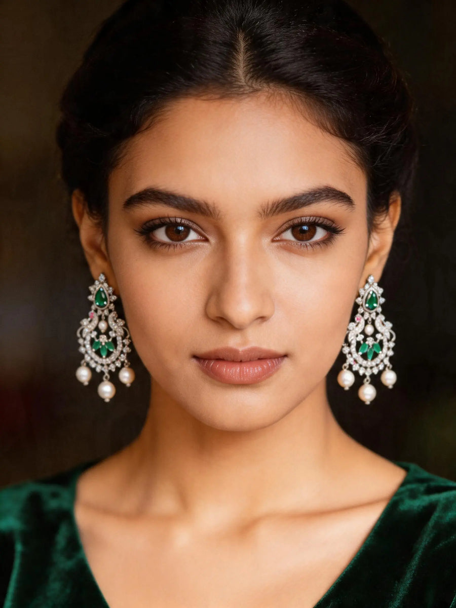 Floral Sterling Silver Earrings with Pearl Drop