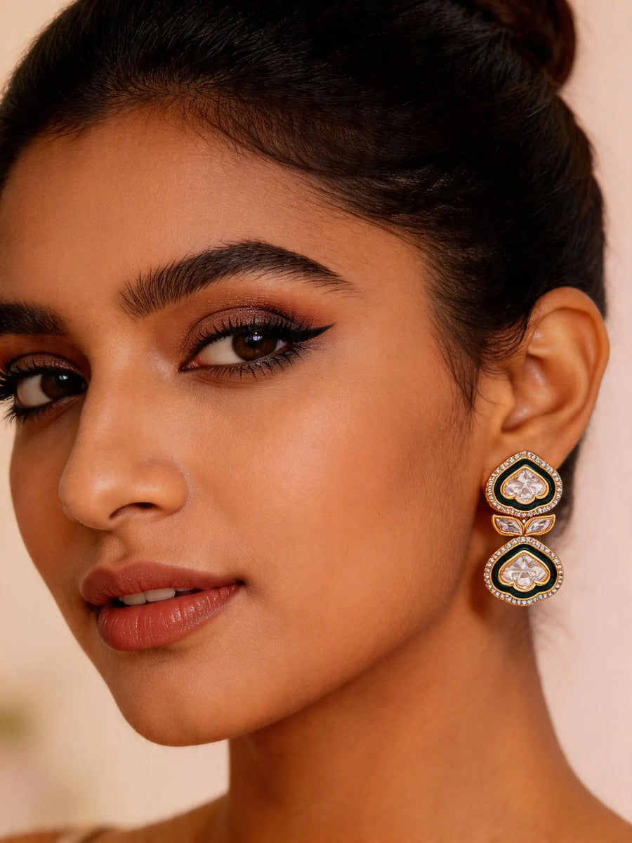 Kundan Stone Studded Leaf Sterling Silver Earrings