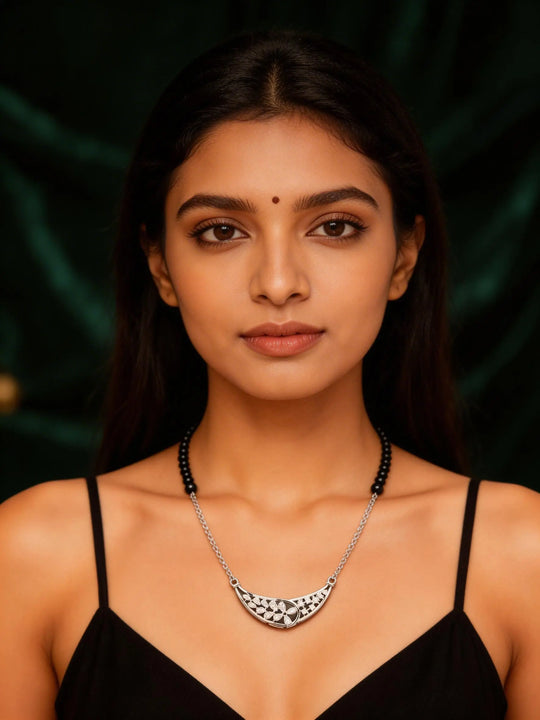 Curved Floral Zircon Sterling Silver Mangalsutra Necklace