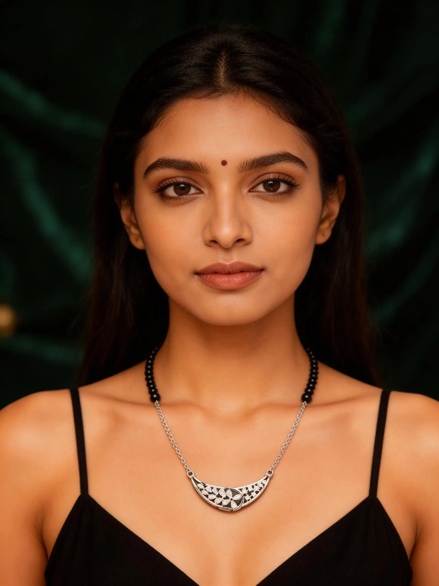 Curved Floral Zircon Sterling Silver Mangalsutra Necklace