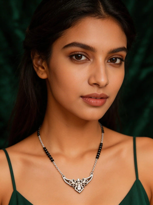 Leaf and Zircon Sterling Silver Mangalsutra Necklace