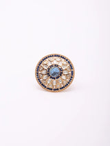 Carved Kundan Ring with Coloured Stone Centre, Adjustable Brass