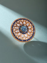 Carved Kundan Ring with Coloured Stone Centre, Adjustable Brass