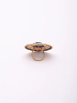 Carved Kundan Ring with Coloured Stone Centre, Adjustable Brass