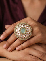 Carved Kundan Ring with Coloured Stone Centre, Adjustable Brass