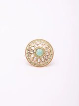 Carved Kundan Ring with Coloured Stone Centre, Adjustable Brass