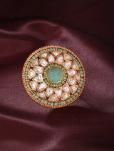 Carved Kundan Ring with Coloured Stone Centre, Adjustable Brass