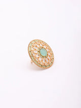 Carved Kundan Ring with Coloured Stone Centre, Adjustable Brass