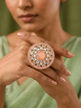Carved Kundan Ring with Coloured Stone Centre, Adjustable Brass